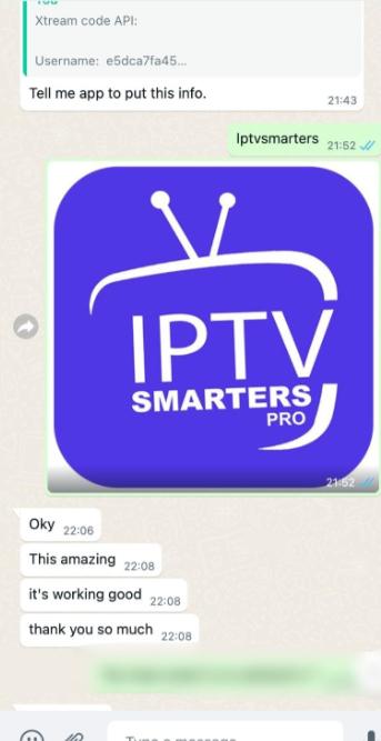 WhatsApp Customer Review 3 - IPTV Smarters Pro setup amazing quality